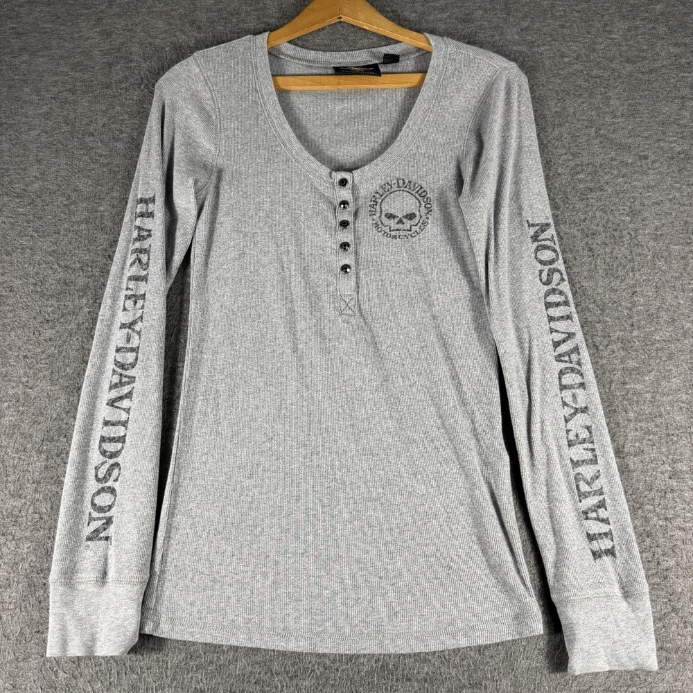 Harley Davidson Women's Waffle Henley Gray Sleeve Spell Out Graphic Size M Biker